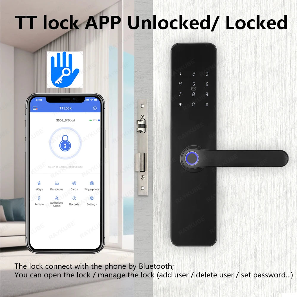 Lockovia  F7 Smart Entry Intelligence at your fingertips / Bluetooth Fingerprint Electric Door Lock Portuguese/English Version with Key/Card/Password Unlock