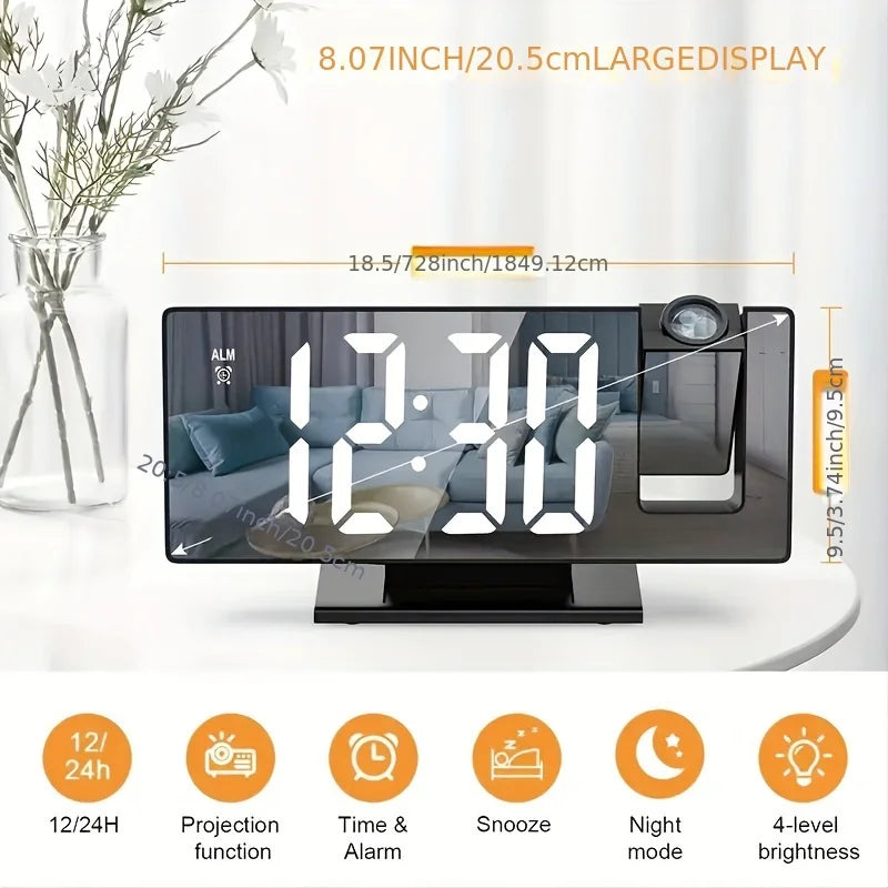 Lumora - LED Projection Alarm Clock – Large Screen Digital Clock with Mirror Display & USB Power | Bedroom Desk Clock